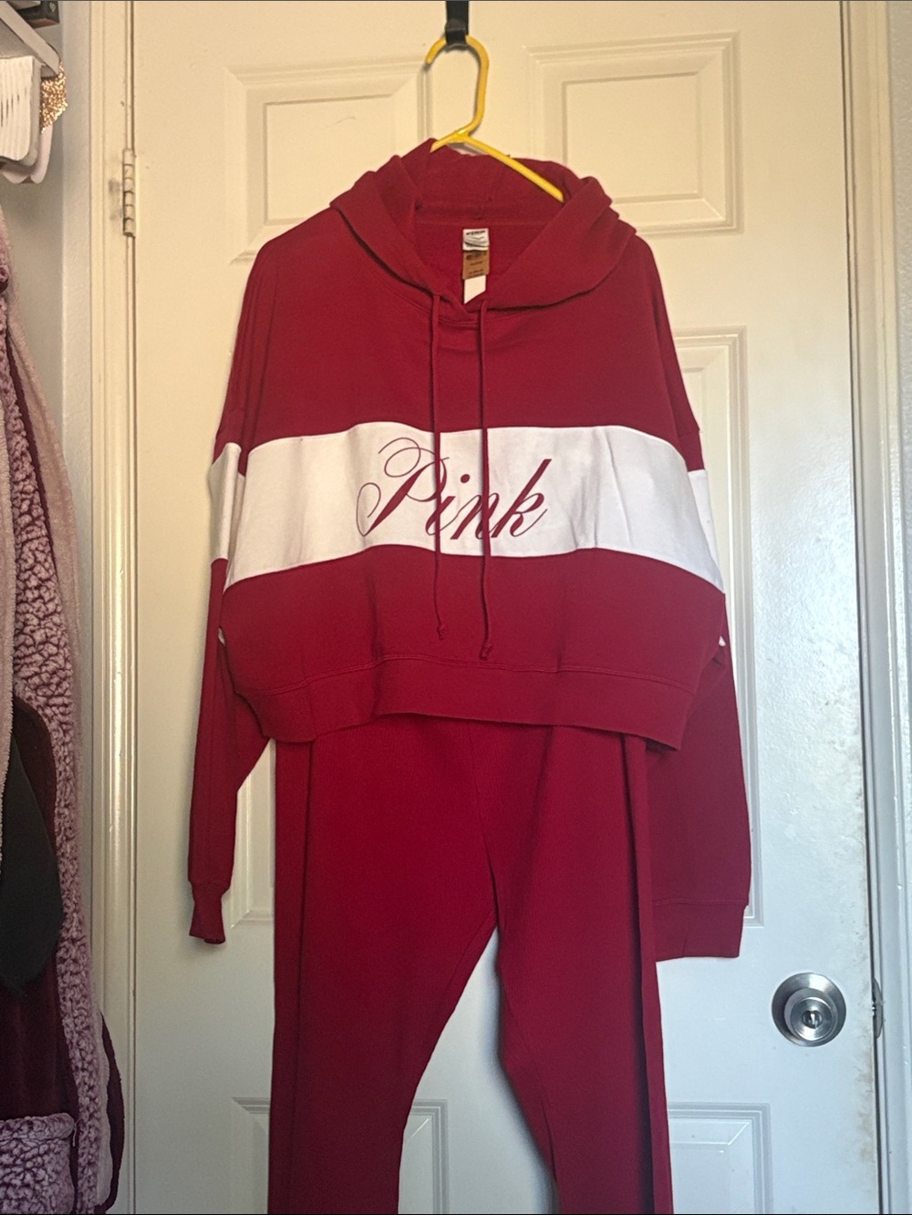 PINK Victoria's Secret Red Hooded Pajama Set with White Stripe
